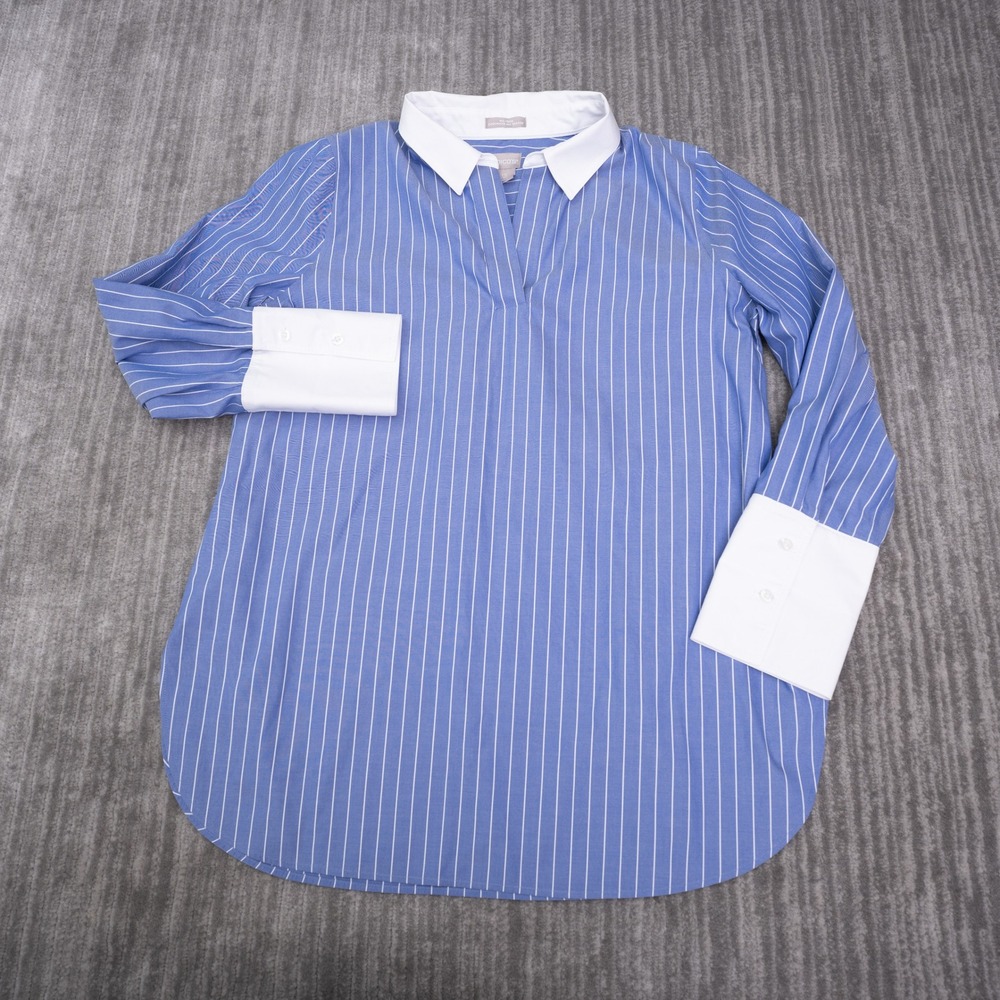 Chico's Tunic Blouse Womens 1.5 Blue White Striped No-Iron Coolmax Cuffs